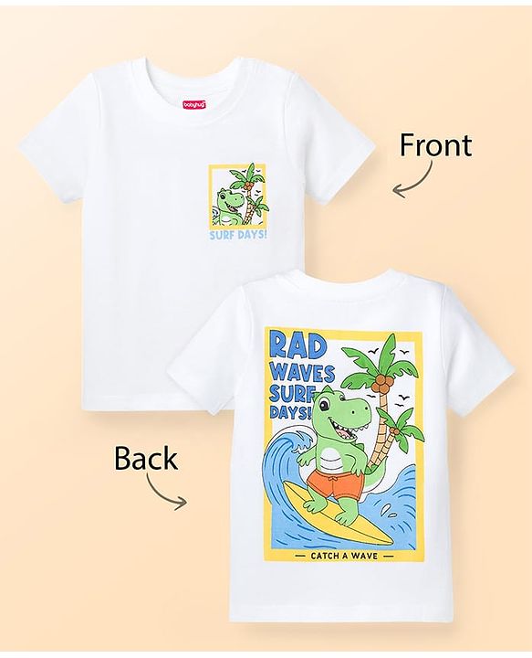 Babyhug Cotton Knit Half Sleeves T-Shirt With Front & Back Dino Print - White