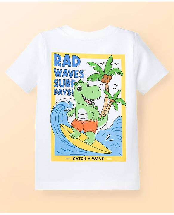 Babyhug Cotton Knit Half Sleeves T-Shirt With Front & Back Dino Print - White