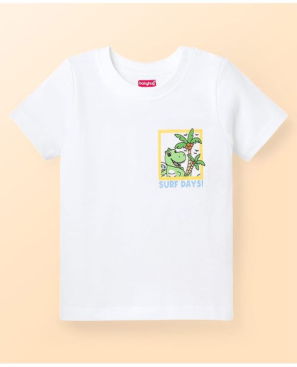 Babyhug Cotton Knit Half Sleeves T-Shirt With Front & Back Dino Print - White
