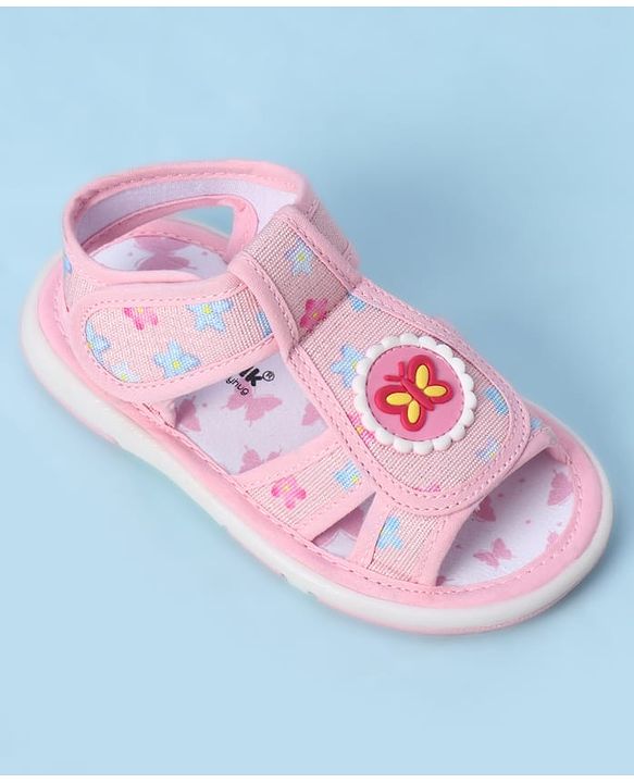 Cute Walk by Babyhug Velcro Closure Sandals With Floral Print & Butterfly Applique - Pink