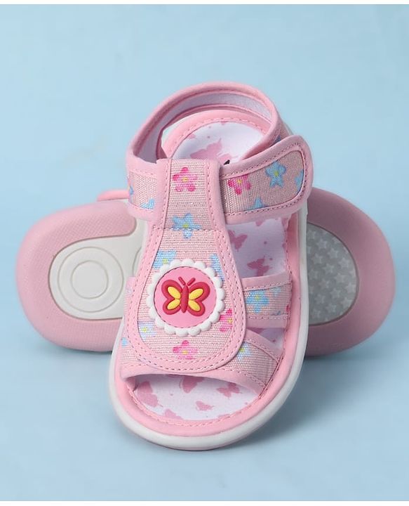 Cute Walk by Babyhug Velcro Closure Sandals With Floral Print & Butterfly Applique - Pink