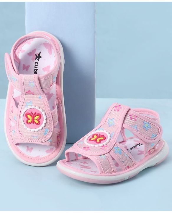 Cute Walk by Babyhug Velcro Closure Sandals With Floral Print & Butterfly Applique - Pink