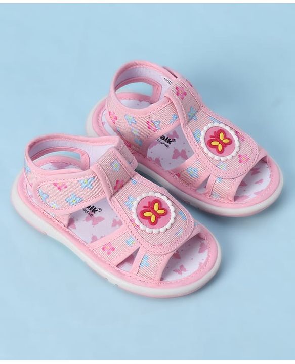 Cute Walk by Babyhug Velcro Closure Sandals With Floral Print & Butterfly Applique - Pink