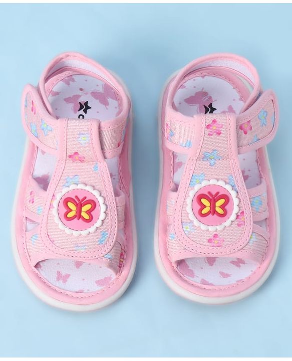 Cute Walk by Babyhug Velcro Closure Sandals With Floral Print & Butterfly Applique - Pink