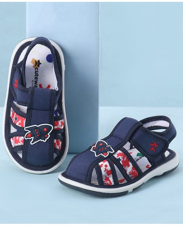 Cute Walk by Babyhug Velcro Closure Sandals With Rocket Applique - Navy Blue