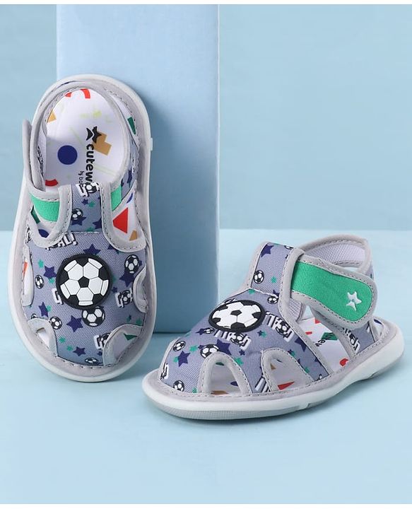 Cute Walk by Babyhug Velcro Closure Sandals With Football Print & Applique - Blue