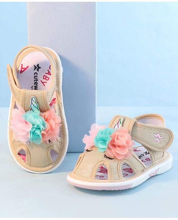 Cute Walk by Babyhug Sandals With Velcro Closure & Floral Applique - Golden