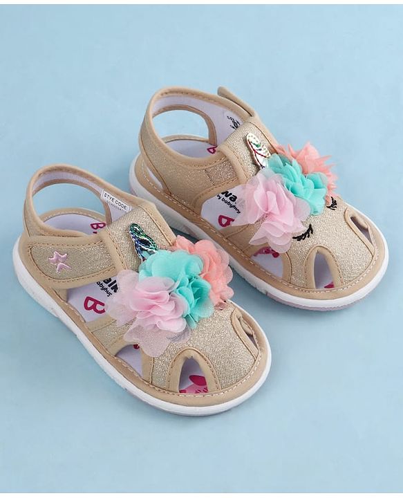 Cute Walk by Babyhug Sandals With Velcro Closure & Floral Applique - Golden