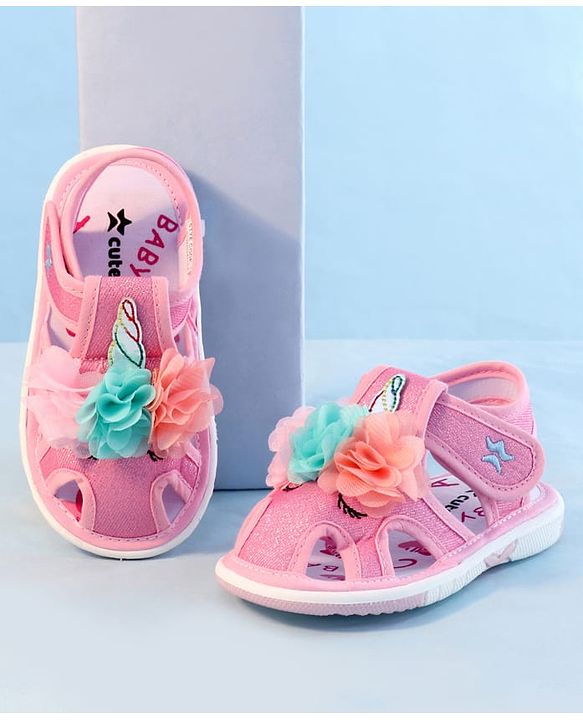 Cute Walk by Babyhug Sandals With Velcro Closure & Floral Applique - Golden