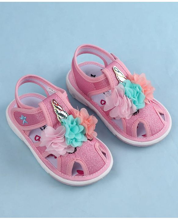 Cute Walk by Babyhug Sandals With Velcro Closure & Floral Applique - Golden
