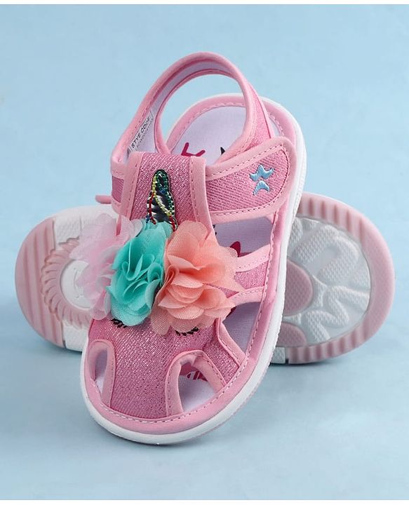 Cute Walk by Babyhug Sandals With Velcro Closure & Floral Applique - Golden