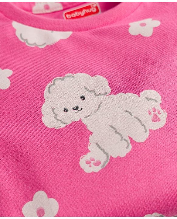 Babyhug Cotton Knit Full Sleeves T-Shirt & Pajama Co-ords Night Suit with Puppy Print - Pink