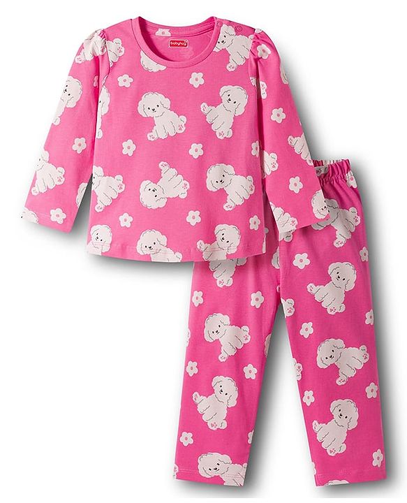 Babyhug Cotton Knit Full Sleeves T-Shirt & Pajama Co-ords Night Suit with Puppy Print - Pink