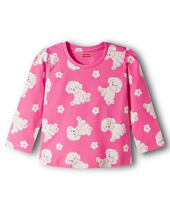 Babyhug Cotton Knit Full Sleeves T-Shirt & Pajama Co-ords Night Suit with Puppy Print - Pink