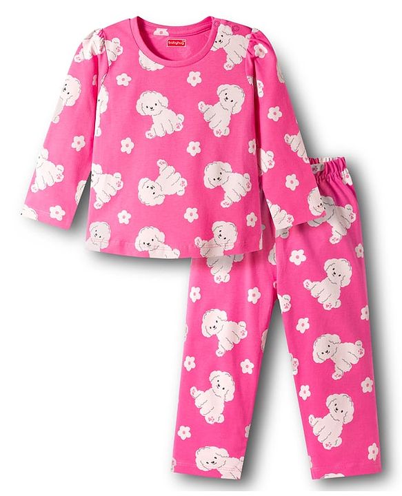 Babyhug Cotton Knit Full Sleeves T-Shirt & Pajama Co-ords Night Suit with Puppy Print - Pink