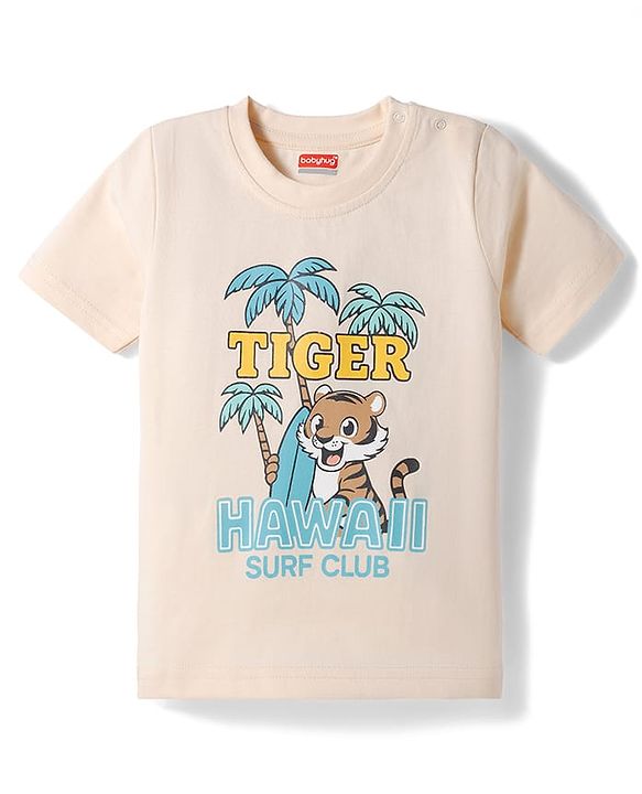 Babyhug Cotton Knit Half Sleeves T-Shirt with Hawaii Theme Print - Pink