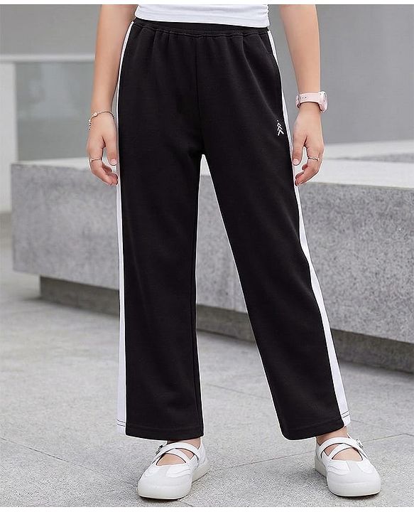 Pine Kids Knit Full Length Solid Colour Track Pant with Tape Detailing - Black