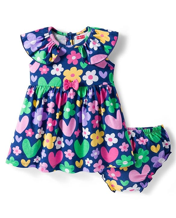 Babyhug 100% Cotton Knit Sleeveless Floral Printed Frock With Bloomer - Multicolour