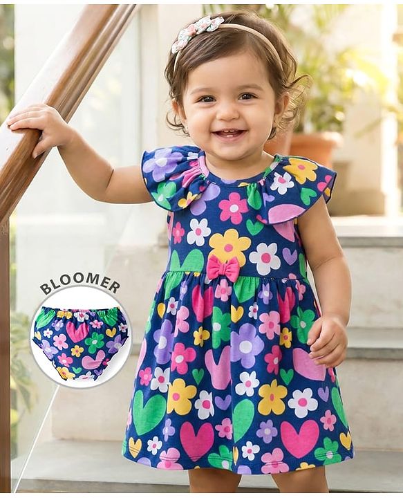 Babyhug 100% Cotton Knit Sleeveless Floral Printed Frock With Bloomer - Multicolour