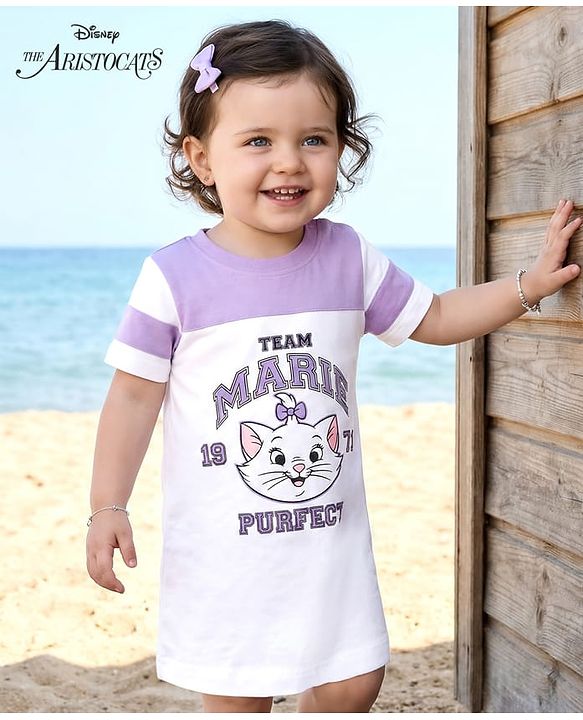 Babyhug Disney Single Jersey Knit Half Sleeves Frock With Marie Graphics - Multicolor