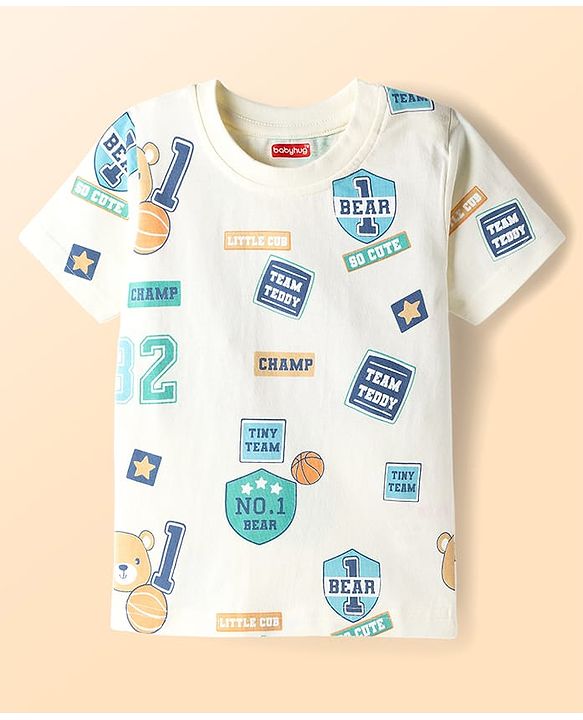 Babyhug Cotton Knit Half Sleeves T-Shirt With Teddy Bear Print - Multicolor