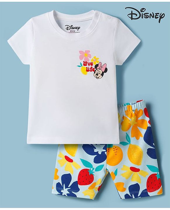 Babyhug Disney Single Jersey Knit Half Sleeves T-Shirt & Shorts Set with Minnie Mouse Graphic - White