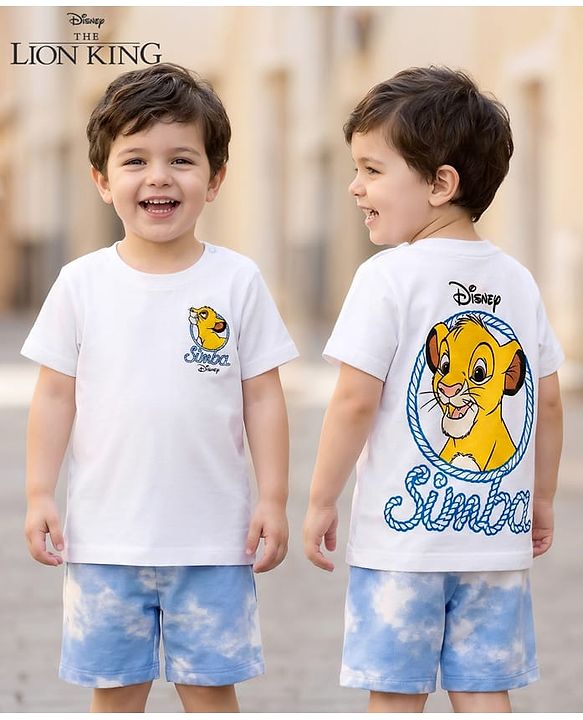 Babyhug Disney Single Jersey Knit Half Sleeves T-Shirt & Shorts Set With Lion King Graphics - White