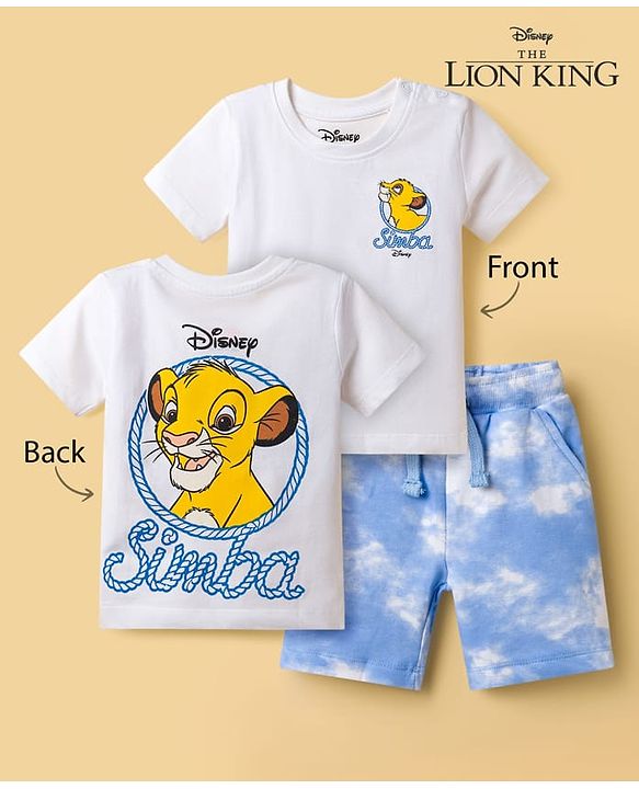 Babyhug Disney Single Jersey Knit Half Sleeves T-Shirt & Shorts Set With Lion King Graphics - White