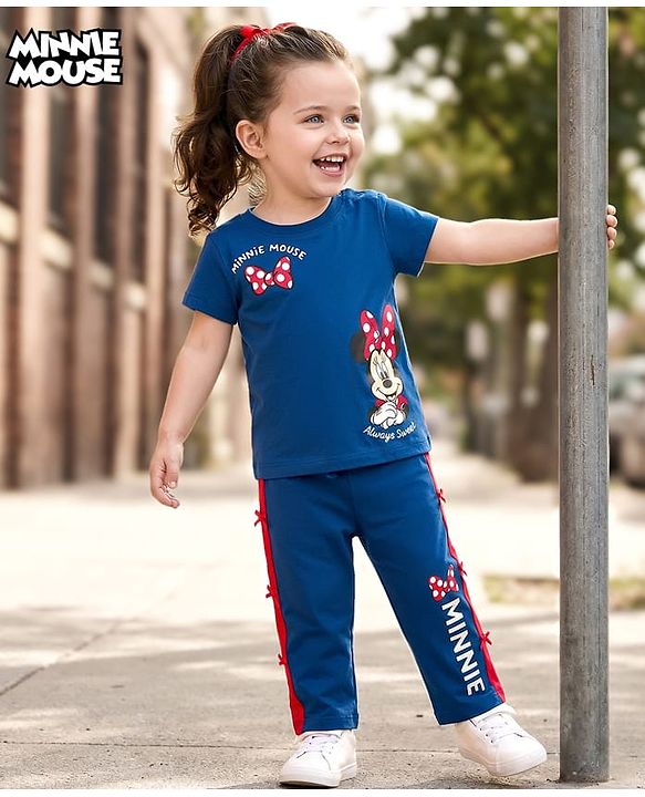Babyhug Disney 100% Cotton Knit Half Sleeves T-Shirt & Pant Set With Minnie Mouse Graphics - Navy Blue