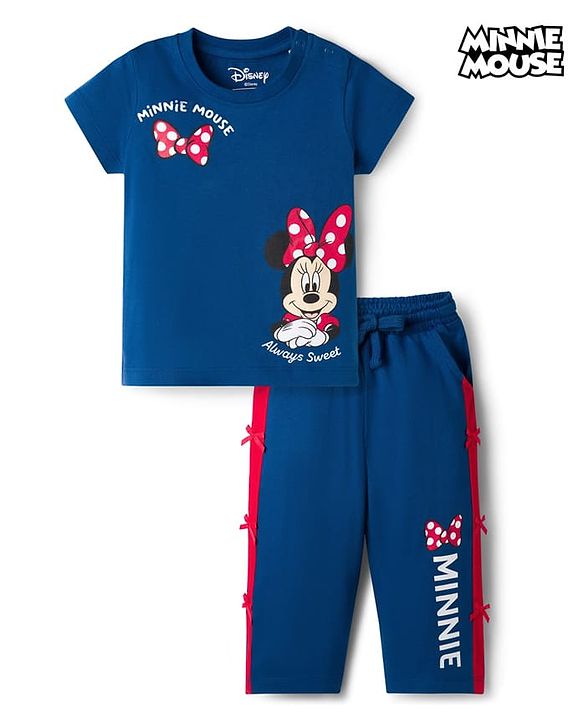 Babyhug Disney 100% Cotton Knit Half Sleeves T-Shirt & Pant Set With Minnie Mouse Graphics - Navy Blue