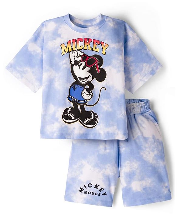 Pine Kids Disney Single Jersey Knit Drop Shoulder Half Sleeves  Tie & Dye T-Shirt & Shorts Set with Mickey Mouse Graphic - Blue