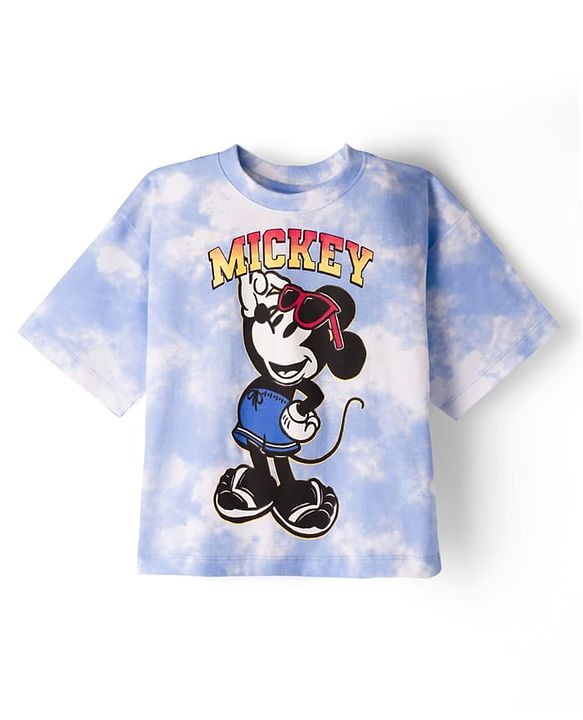 Pine Kids Disney Single Jersey Knit Drop Shoulder Half Sleeves  Tie & Dye T-Shirt & Shorts Set with Mickey Mouse Graphic - Blue