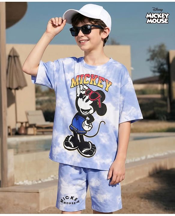 Pine Kids Disney Single Jersey Knit Drop Shoulder Half Sleeves  Tie & Dye T-Shirt & Shorts Set with Mickey Mouse Graphic - Blue