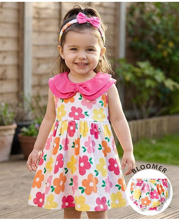 Babyhug Single Jersey Knit Sleeveless Floral Printed Frock with Bloomer & Headband - Multicolor