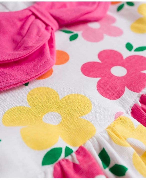 Babyhug Single Jersey Knit Sleeveless Floral Printed Frock with Bloomer & Headband - Multicolor