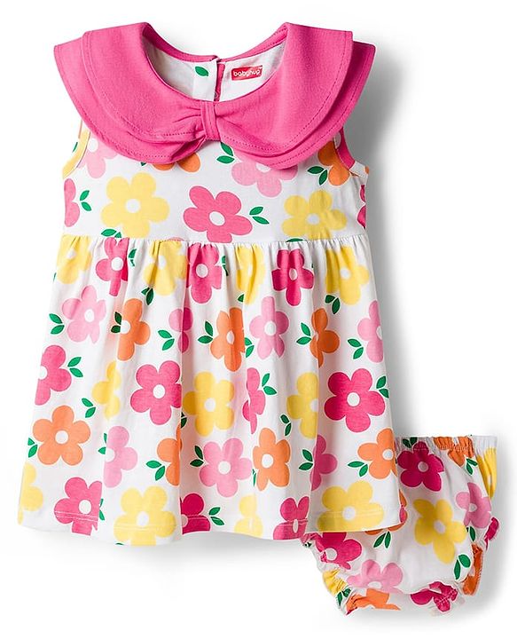 Babyhug Single Jersey Knit Sleeveless Floral Printed Frock with Bloomer & Headband - Multicolor
