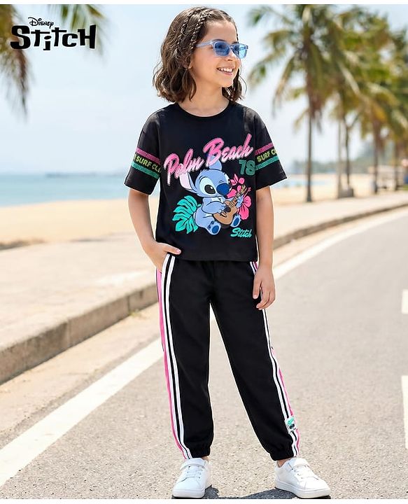 PINE KIDS DISNEY 100% Cotton Knit Half Sleeves T-Shirt & Pant Set With Stitch Graphics - Black