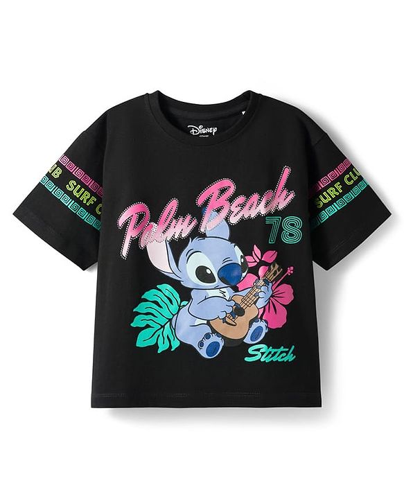 PINE KIDS DISNEY 100% Cotton Knit Half Sleeves T-Shirt & Pant Set With Stitch Graphics - Black