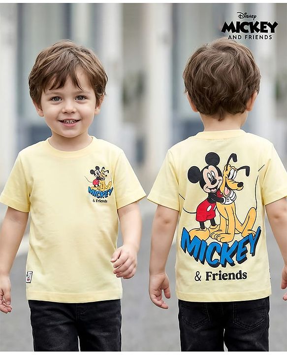Babyhug Disney Single Jersey Knit Half Sleeves T-Shirt With Mickey Mouse & Friends Graphics - Yellow