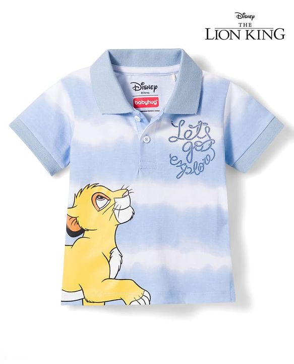 Babyhug Disney Single Jersey Knit Half Sleeves Striped Polo T-Shirt with Lion King Graphic - Blue
