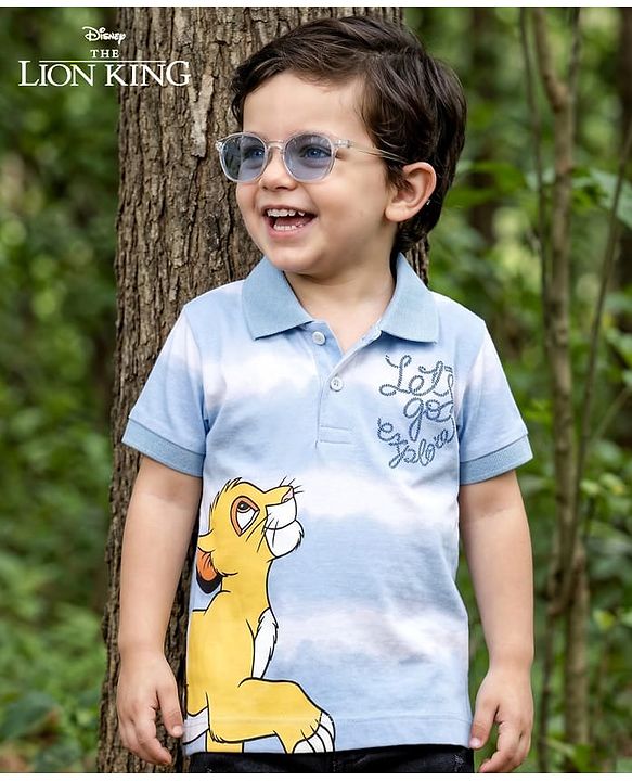 Babyhug Disney Single Jersey Knit Half Sleeves Striped Polo T-Shirt with Lion King Graphic - Blue