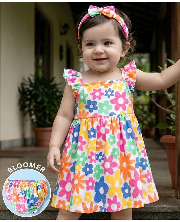 Babyhug 100% Cotton Knit Sleeveless Floral Printed Frock With Bloomer & Headband - Multicolour