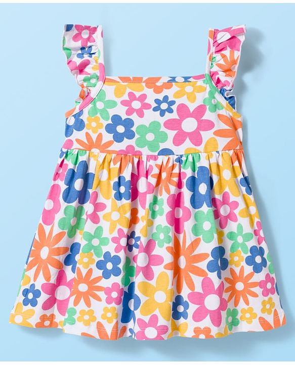 Babyhug 100% Cotton Knit Sleeveless Floral Printed Frock With Bloomer & Headband - Multicolour