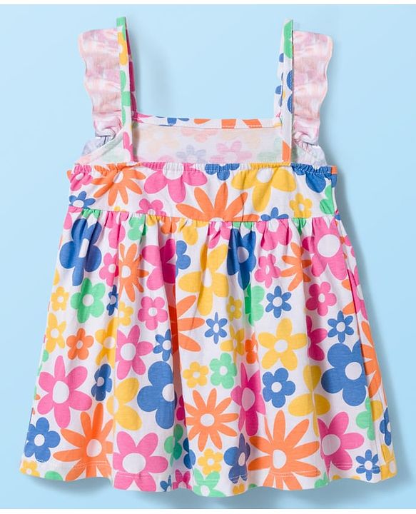 Babyhug 100% Cotton Knit Sleeveless Floral Printed Frock With Bloomer & Headband - Multicolour