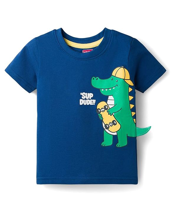 Babyhug Cotton Knit Half Sleeves T-Shirt With Dino Print & Applique - Navy Blue