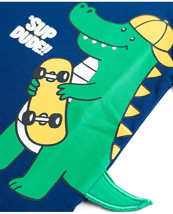 Babyhug Cotton Knit Half Sleeves T-Shirt With Dino Print & Applique - Navy Blue