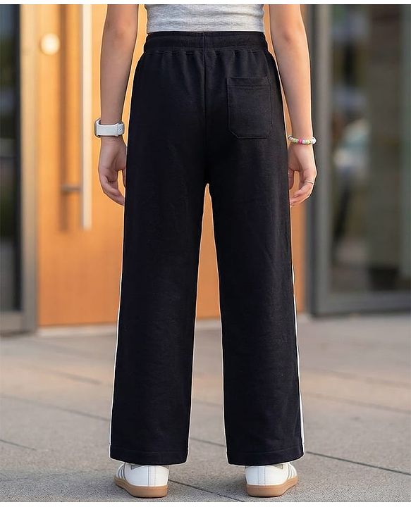 Pine Kids Knit Full Length Solid Track Pant with Tape & Button Detailing- Black