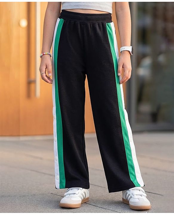 Pine Kids Knit Full Length Solid Track Pant with Tape & Button Detailing- Black