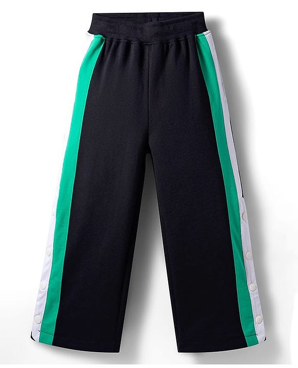 Pine Kids Knit Full Length Solid Track Pant with Tape & Button Detailing- Black