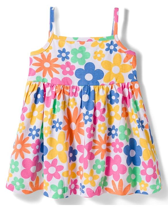 Babyhug 100% Cotton Knit Half Sleeves Floral Printed Frock With Inner Tee - Multicolour